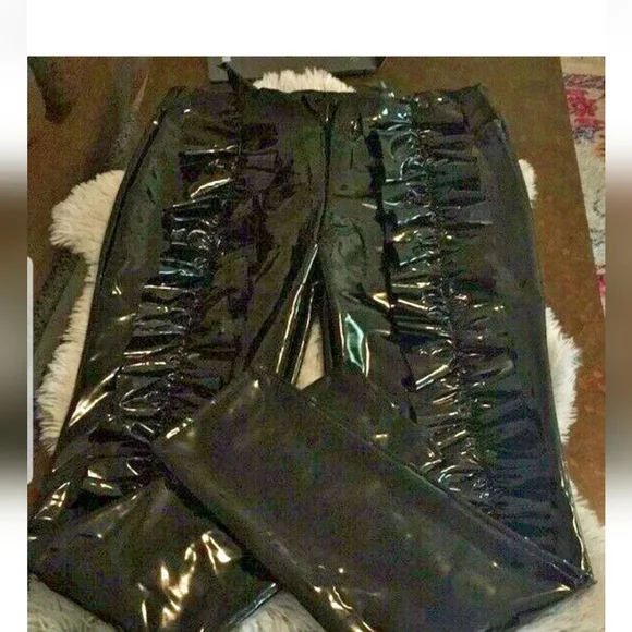 Black Shiny Liquid Ruffle Goth Pleather Witch Sexy Club Unique Leggings 2XL NEW - Picture 5 of 7